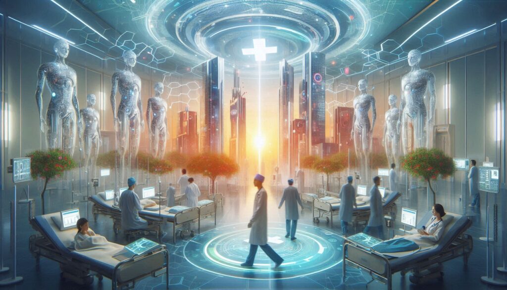 未来的な病院内でAI医療が導入された様子。ベッドに横たわる患者と医師、巨大なAIヒューマノイド、ホログラム技術が融合する診療空間