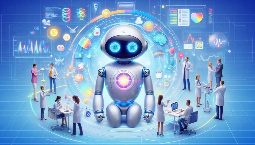 医療現場で対話型AIロボット「AMIE」が診断支援に活用されている未来的なイメージ。医師や看護師がAIと協働しながら患者ケアにあたる様子