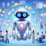 医療現場で対話型AIロボット「AMIE」が診断支援に活用されている未来的なイメージ。医師や看護師がAIと協働しながら患者ケアにあたる様子