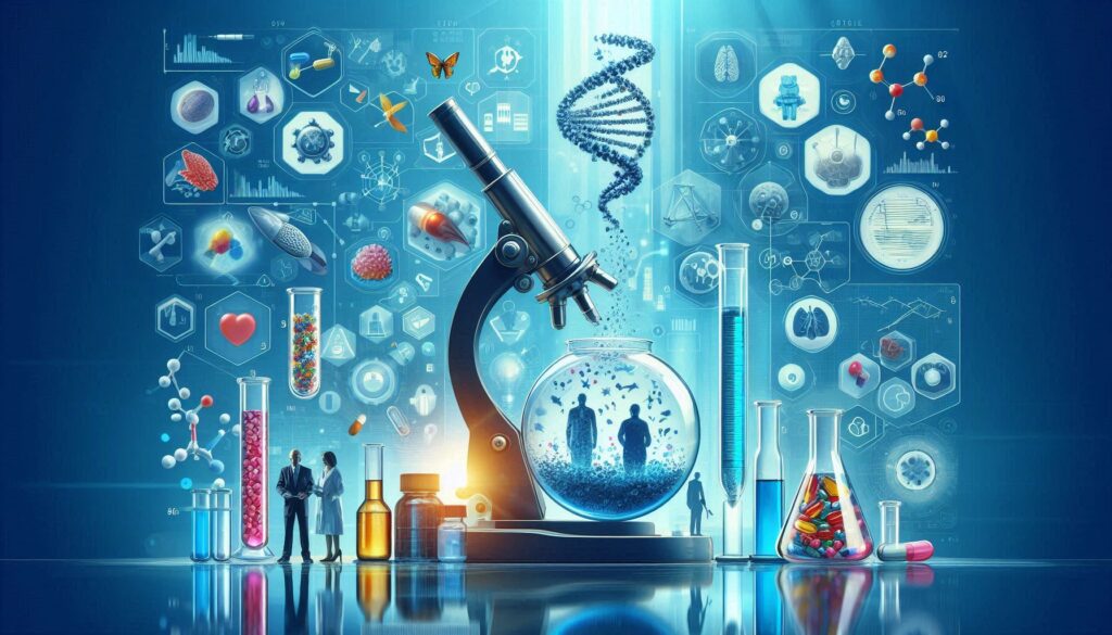 巨大な顕微鏡とDNA構造、試験管や分子モデルに囲まれた未来的な創薬・医療研究のビジュアル