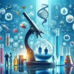 巨大な顕微鏡とDNA構造、試験管や分子モデルに囲まれた未来的な創薬・医療研究のビジュアル