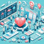 ハートと医療データを中心に、医師やスマートデバイス、診療記録が並ぶ未来的な医療のミニチュア空間