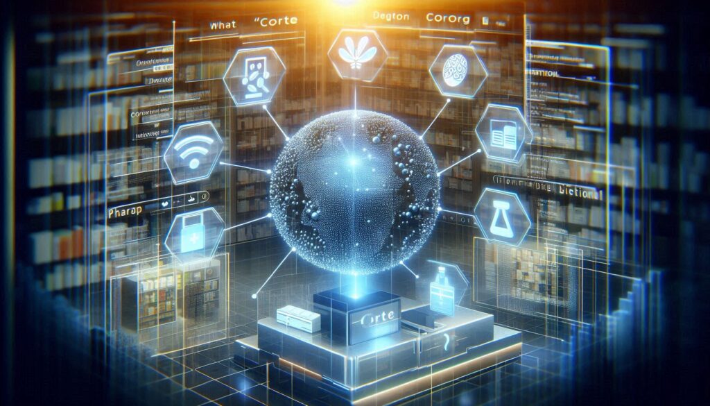 薬局業務を支援するAI薬歴作成システム「corte（コルテ）」の未来的なインターフェースを象徴するデジタル地球儀とアイコン群のイメージ
