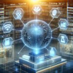 薬局業務を支援するAI薬歴作成システム「corte（コルテ）」の未来的なインターフェースを象徴するデジタル地球儀とアイコン群のイメージ