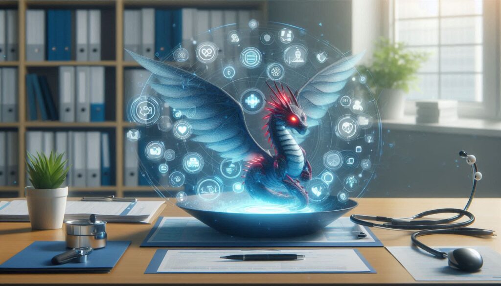 医療AI「Dragon Copilot」を象徴する、診療データとAI支援を統合したドラゴン型ホログラムと医療アイコンのイメージ