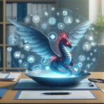 医療AI「Dragon Copilot」を象徴する、診療データとAI支援を統合したドラゴン型ホログラムと医療アイコンのイメージ