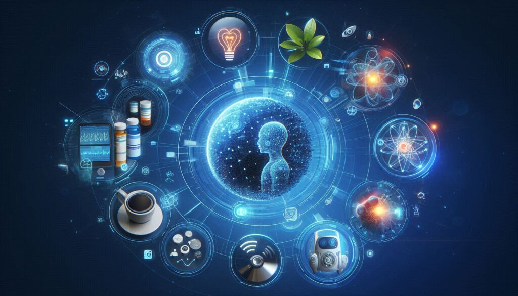 中央に人型AIとデータの球体が浮かび、周囲に医療、薬、科学、ロボティクス、自然などのアイコンが配置された未来的なインターフェース