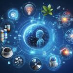中央に人型AIとデータの球体が浮かび、周囲に医療、薬、科学、ロボティクス、自然などのアイコンが配置された未来的なインターフェース
