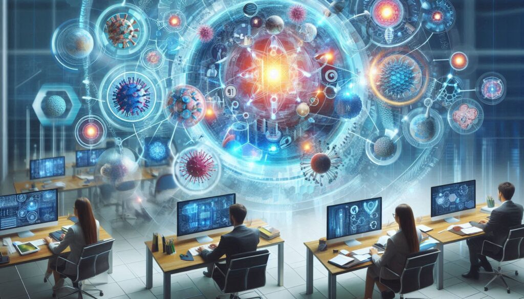 薬学研究室で生成AIを活用し、分子構造や疾患モデルの解析を行う学生と研究者たちの未来的なビジュアル