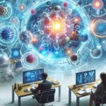 薬学研究室で生成AIを活用し、分子構造や疾患モデルの解析を行う学生と研究者たちの未来的なビジュアル