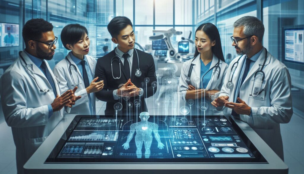 医療従事者が円卓に集まり、Gensparkによる生成AI技術を活用したホログラフィック人体データを分析している様子