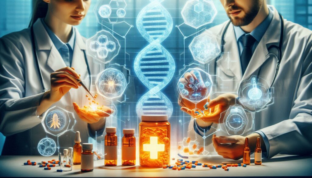 薬剤師の男女がAI支援でカプセルや薬剤を扱い、背景にDNA構造や医療ホログラムが浮かぶ未来的な薬学シーン