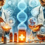 薬剤師の男女がAI支援でカプセルや薬剤を扱い、背景にDNA構造や医療ホログラムが浮かぶ未来的な薬学シーン
