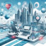 未来都市を背景に、医療情報システムを操作する人物と空を飛ぶ医療データのアイコン群