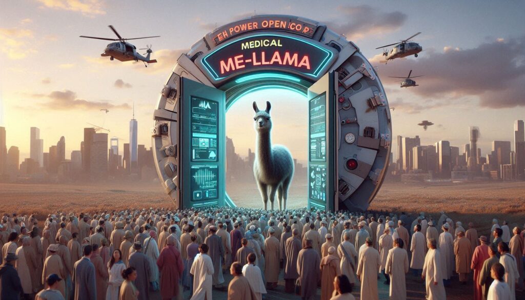 巨大なゲートから現れるラマと、医療AI「Me-LLaMA」の到来を歓迎する群衆。背景には都市とヘリコプター、未来的なテクノロジーが広がる。