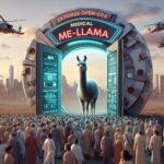 巨大なゲートから現れるラマと、医療AI「Me-LLaMA」の到来を歓迎する群衆。背景には都市とヘリコプター、未来的なテクノロジーが広がる。