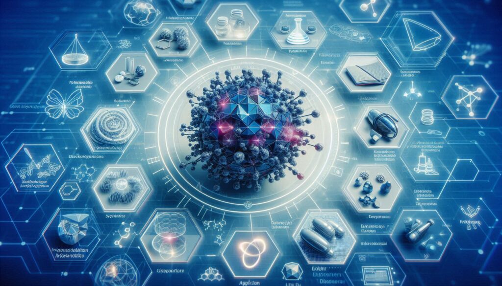 マテリアルズ・インフォマティクスの応用を象徴する3D構造化された粒子モデルと医薬品アイコンのデジタルイメージ