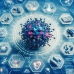 マテリアルズ・インフォマティクスの応用を象徴する3D構造化された粒子モデルと医薬品アイコンのデジタルイメージ
