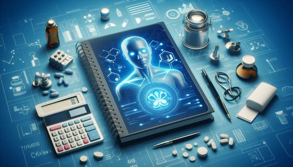 薬学ツールに囲まれたデジタルノートの画面に、AIホログラムの人物像と分子構造が浮かぶ未来的な学習風景