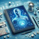 薬学ツールに囲まれたデジタルノートの画面に、AIホログラムの人物像と分子構造が浮かぶ未来的な学習風景