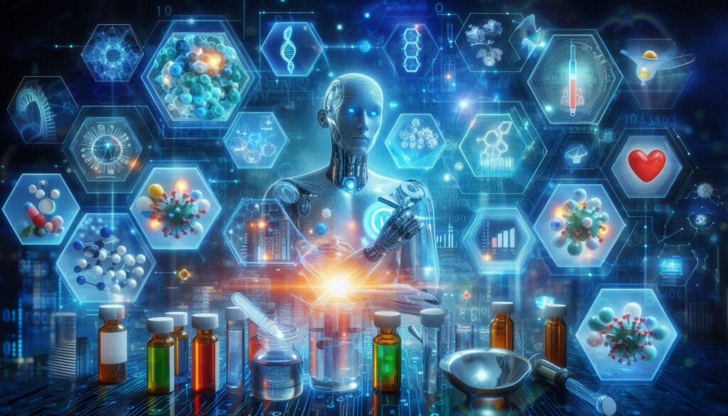 AIロボットが薬物や分子構造、データ分析パネルに囲まれた近未来の創薬研究室で作業している様子