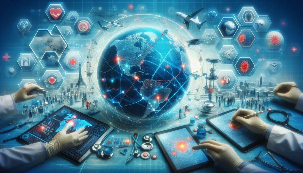 地球と医療ネットワークをつなぐデジタル技術と医師たちの連携を象徴する未来型医療のイメージ