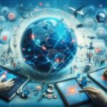 地球と医療ネットワークをつなぐデジタル技術と医師たちの連携を象徴する未来型医療のイメージ