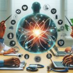 医師たちが「状態認識型対話フレームワーク」を用いて、AIと協働しながら患者の全体状態を解析・議論する様子。中央に人体モデルと医療アイコンが浮かび上がっている未来的なイメージ