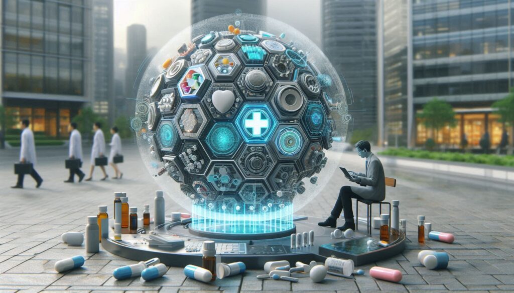 未来的な都市空間で、医療情報が集約された球体型AI端末を操作する人物と、周囲に散乱した薬品やカプセル
