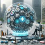 未来的な都市空間で、医療情報が集約された球体型AI端末を操作する人物と、周囲に散乱した薬品やカプセル