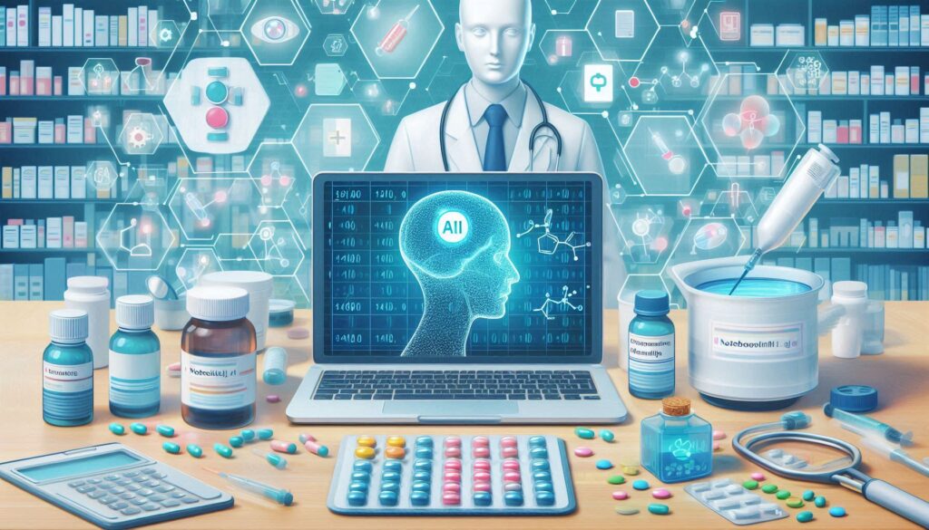 薬局のカウンター上に広がる医薬品、AI搭載のノートパソコン、ホログラム情報、薬剤師型AIエージェントが描かれた未来的な医療業務のイメージ