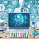 薬局のカウンター上に広がる医薬品、AI搭載のノートパソコン、ホログラム情報、薬剤師型AIエージェントが描かれた未来的な医療業務のイメージ