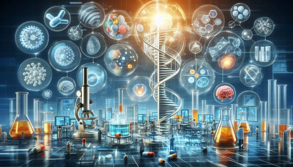 巨大なDNA螺旋と分子モデルが浮かぶ未来型ラボで、科学者たちがAIと薬学研究を行っている様子