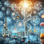 巨大なDNA螺旋と分子モデルが浮かぶ未来型ラボで、科学者たちがAIと薬学研究を行っている様子