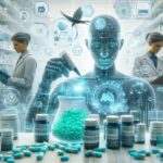薬剤師が棚で処方薬を確認する一方、中央にAIホログラムが調剤を支援する未来型薬局の様子