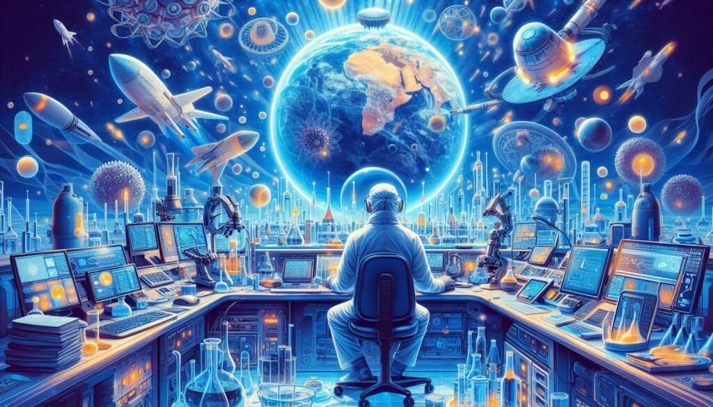 宇宙と地球を背景に、未来的な研究施設でGemini CLIを用いた医療研究を行う科学者