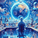 宇宙と地球を背景に、未来的な研究施設でGemini CLIを用いた医療研究を行う科学者
