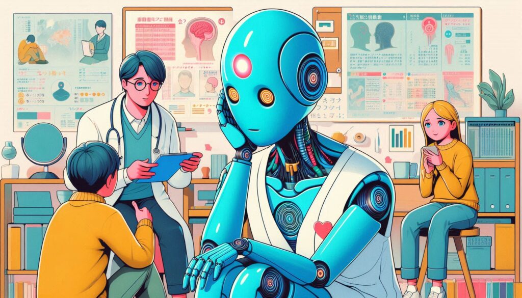 診察室で悩む表情のAIロボットが医師や子どもと向き合い、メンタルヘルスについて対話しているイラスト