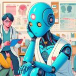 診察室で悩む表情のAIロボットが医師や子どもと向き合い、メンタルヘルスについて対話しているイラスト