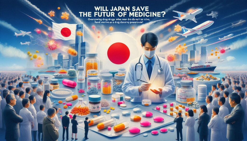 日本の創薬力の復活を象徴する画像。白衣を着た研究者が光るカプセルを手に持ち、多くの人々と薬、そして日の丸を背にした都市が描かれている。