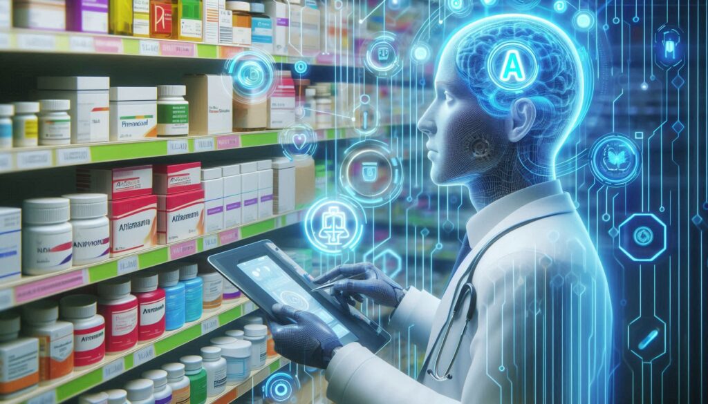 AIロボット薬剤師が電子タブレットを使って薬棚の薬剤情報を確認している様子