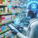 AIロボット薬剤師が電子タブレットを使って薬棚の薬剤情報を確認している様子