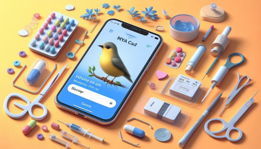薬や医療器具に囲まれたiPhoneの画面にマイナンバーカード連携アプリが表示されている様子
