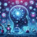 ローカルAIと医療データが融合する未来型研究所のイラスト。脳と情報アイコンが連動し、プライバシー保護とAI活用を象徴