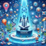 AI医師が中央に座り、創薬に関するカプセル、DNA、分子構造が周囲に浮かぶ幻想的な研究イメージ