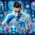 AI研究者が香料や薬品のフラスコを前にして嗅覚研究を行っている様子。背景には脳と嗅覚に関するデジタル解析画面が映し出されている。