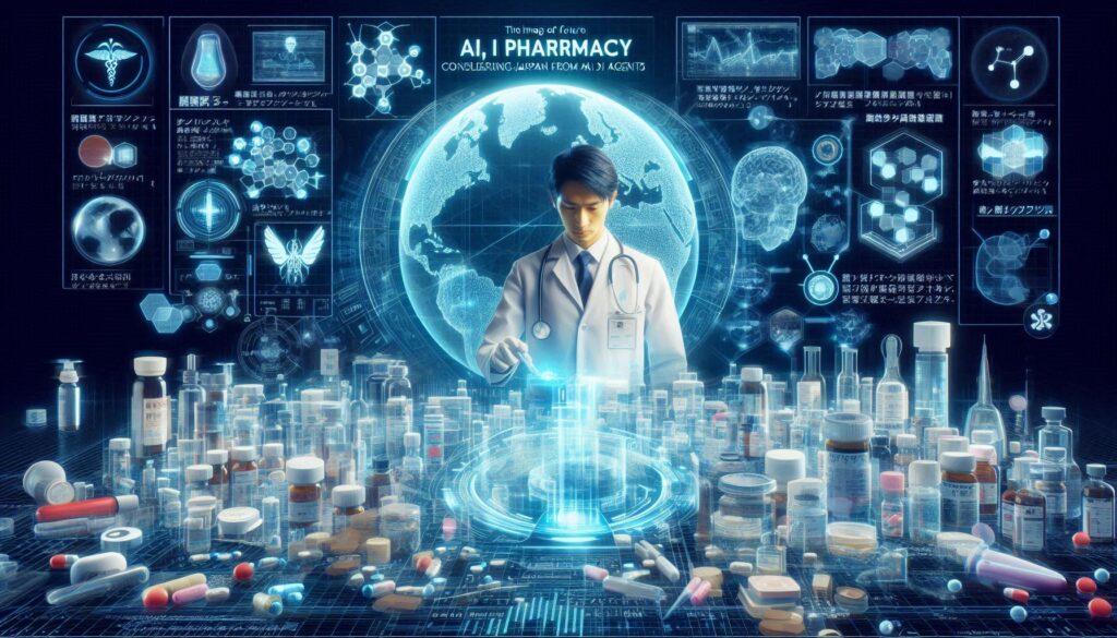 未来の薬局で医療AIエージェントと膨大な医薬品データを操作する白衣の医師のイラスト