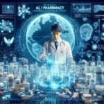 未来の薬局で医療AIエージェントと膨大な医薬品データを操作する白衣の医師のイラスト