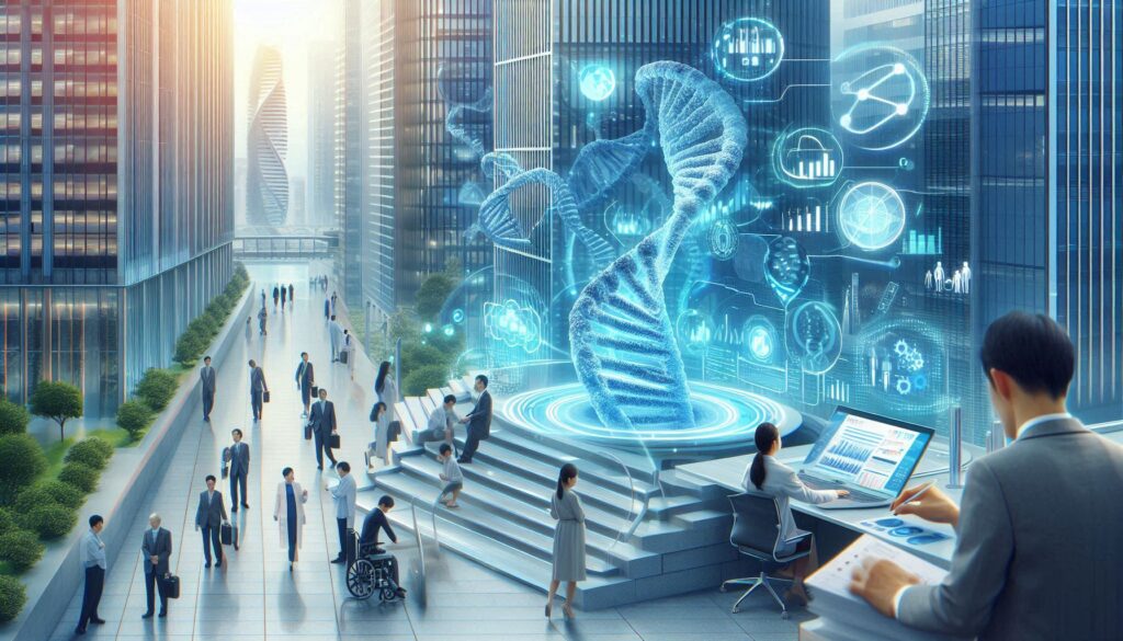 都市の中枢にホログラムのDNAが浮かび、科学者たちが個別化医療のデータ解析を行う未来都市の光景