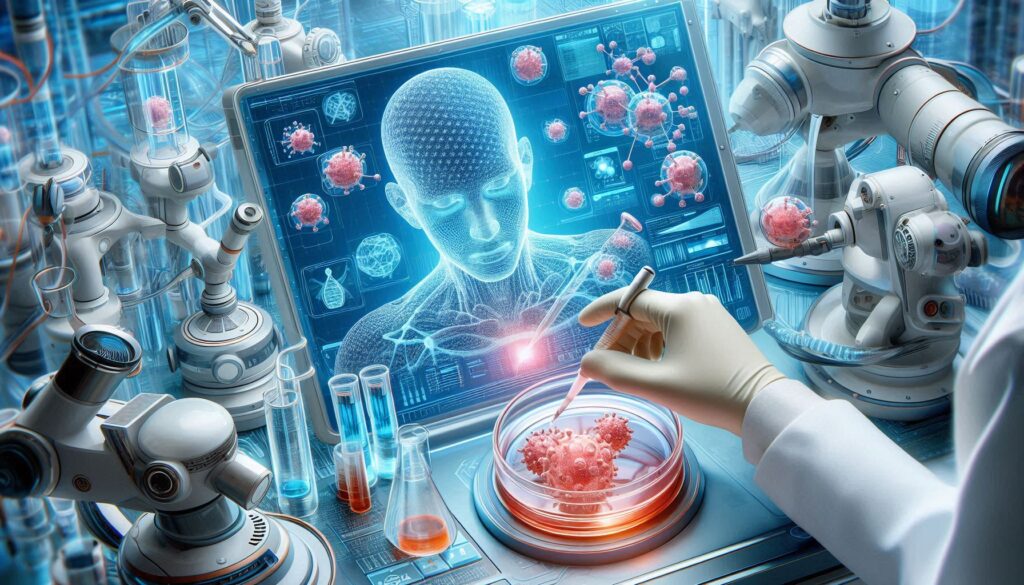 AIによる細胞モデル解析とロボットアームによる組織培養操作が行われている未来的な研究室の様子